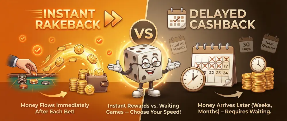 Instant rakeback versus delayed cashback comparison showing immediate money return vs waiting period