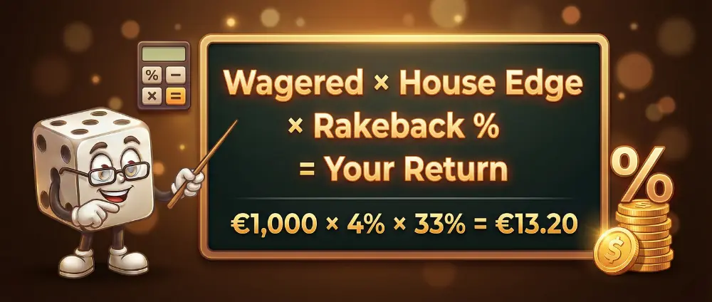 Rakeback calculation formula showing wagered amount times house edge times rakeback percentage