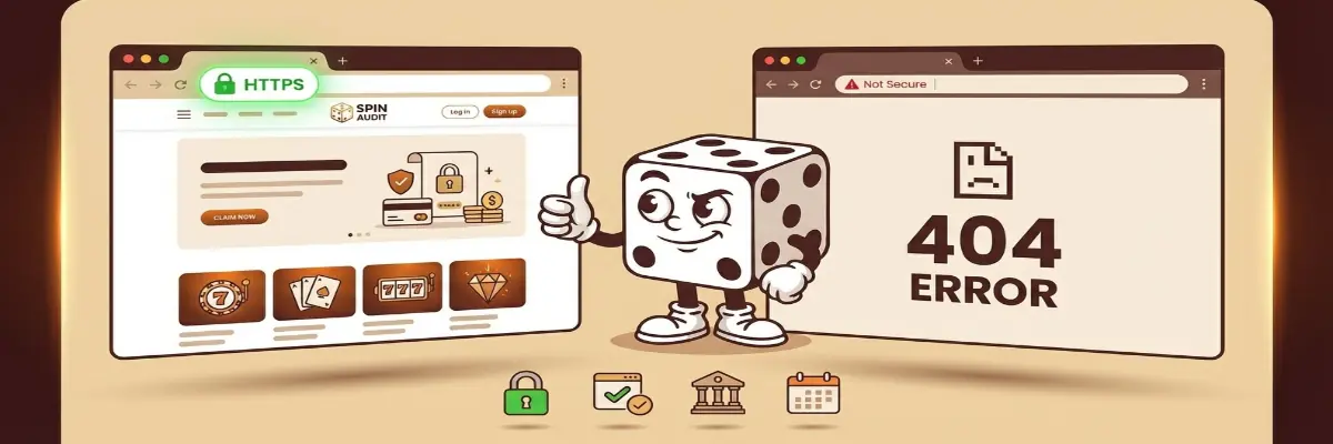 Checking casino website quality including HTTPS security and company information