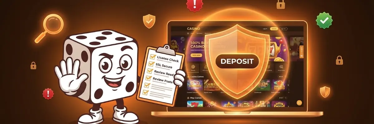 SpinAudit dice mascot holding a checklist and blocking a casino deposit button with a shield