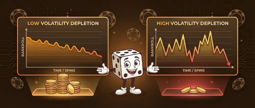 High volatility slots bankroll depletion showing rapid balance loss between rare big wins versus steady decline