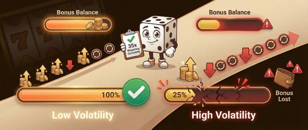 Slot volatility bonus wagering comparison showing low volatility success versus high volatility failure