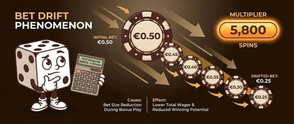 Bet drift during bonus wagering showing bet size changes and casino bonus rules