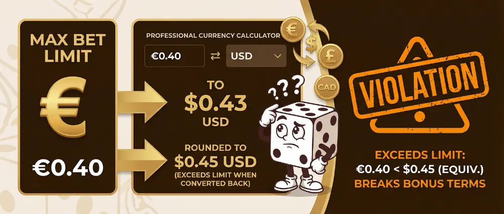 Currency conversion bonus rules showing rounding errors causing max bet violations during play
