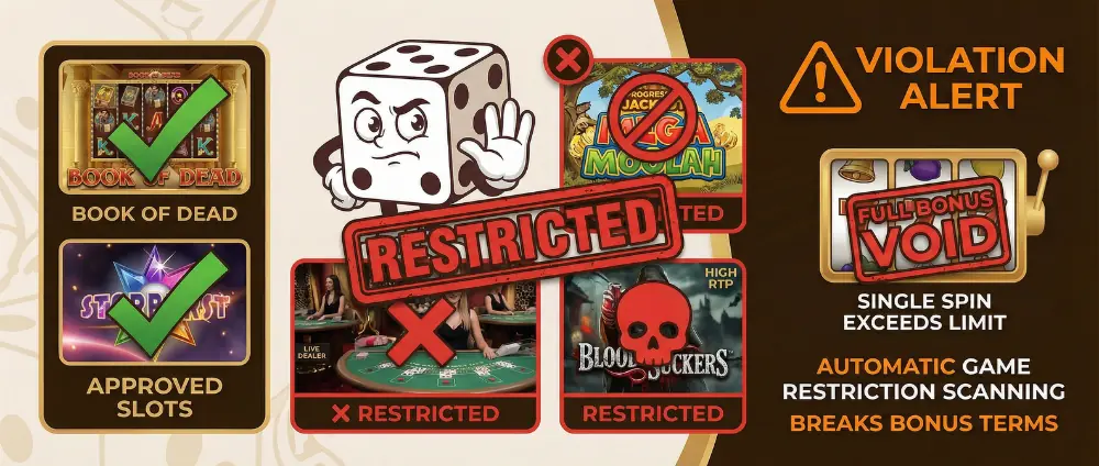Restricted games detection in bonus wagering showing compliance checks for prohibited slots during withdrawal