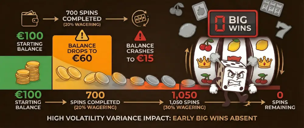 Balance depletion from variance during early wagering on high volatility slots showing rapid decline