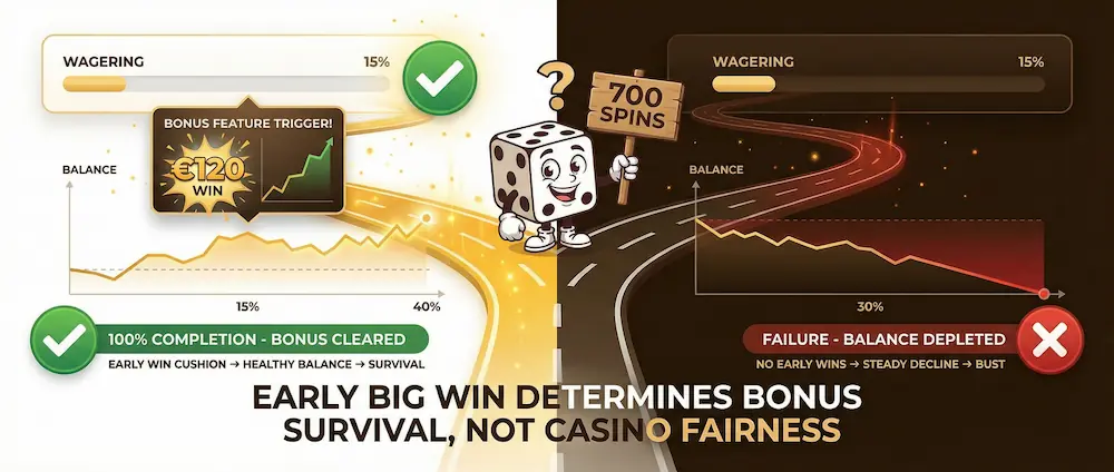 Early big win saves bonus by creating survival cushion for wagering success compared to failed path