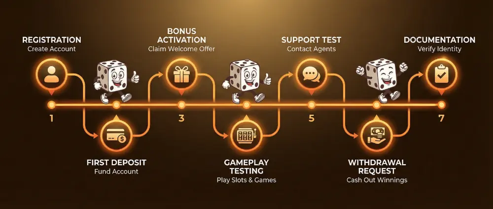 Casino review methodology with seven testing phases from registration to withdrawal analysis