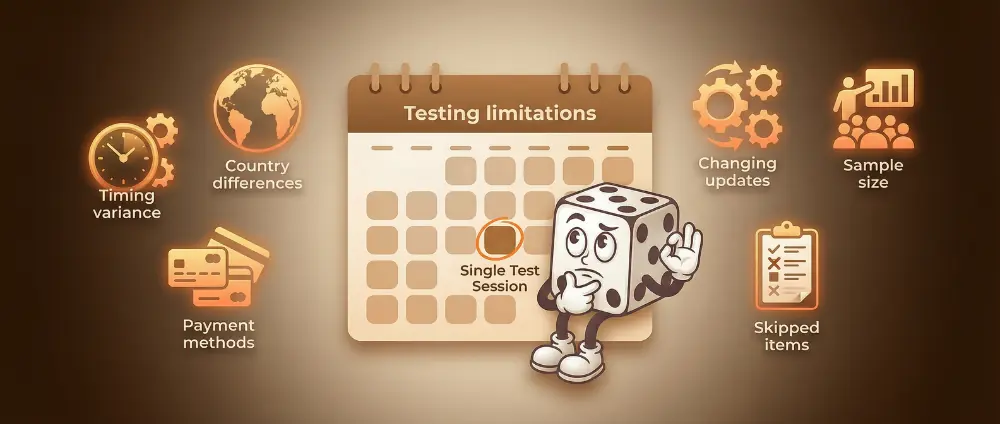 Casino testing limitations and transparency disclosure explaining single test sessions and variable conditions