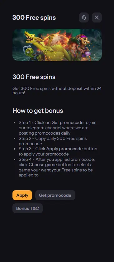 FastBet Casino interface showing how to activate 300 free spins bonus