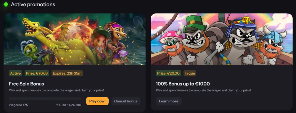 FastBet Casino active promotions tab showing available bonuses