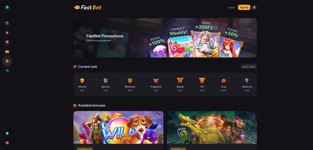 FastBet Casino bonus page on desktop