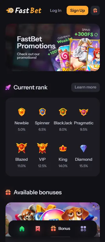 FastBet Casino bonus page on mobile