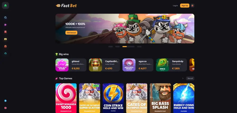 FastBet Casino lobby from desktop - showing welcome bonus offer and cryptocurrency payment options