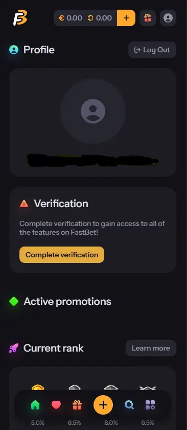 FastBet Casino profile page showing verification option
