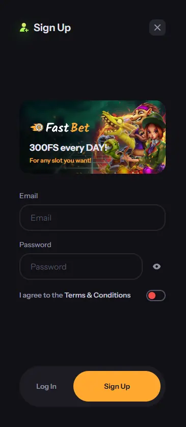 FastBet Casino registration window showing sign up form