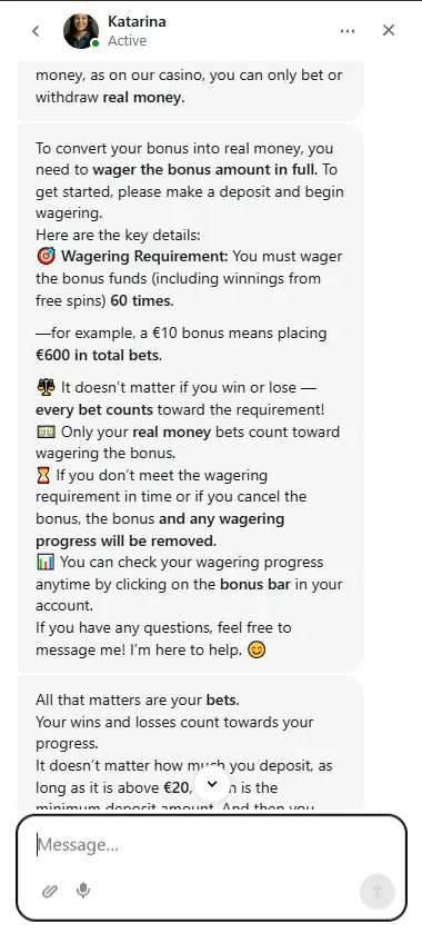 FastBet Casino live chat support conversation showing 2-minute response time