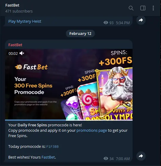 FastBet Casino Telegram promo code for 300 no deposit free spins