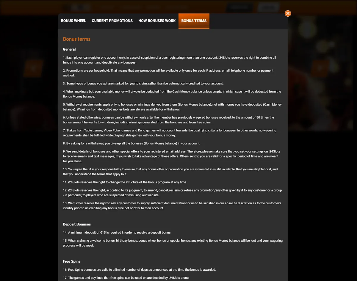 i24slots Casino bonus terms page listing the 50x wagering requirement and the order in which cash and bonus balances are played