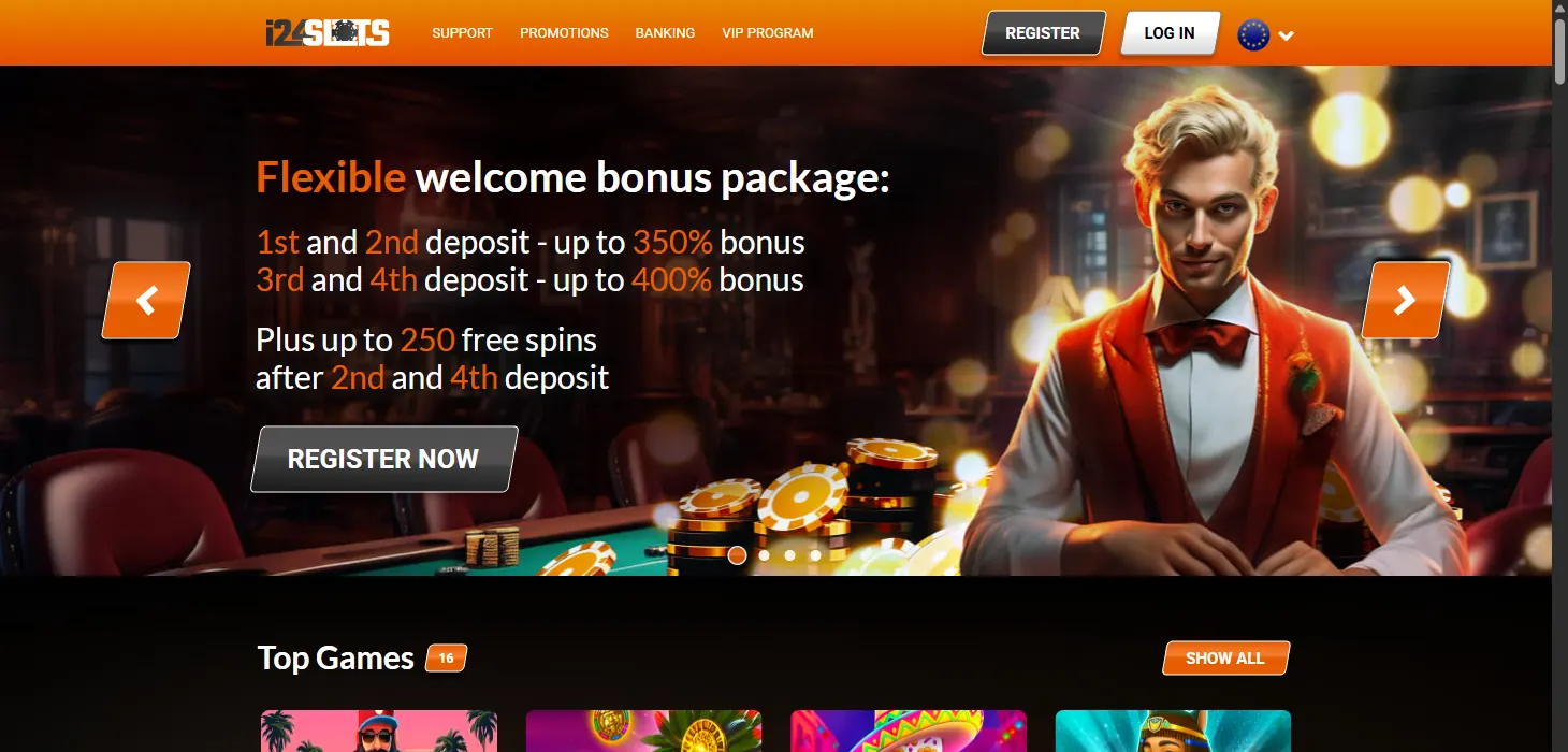i24slots Casino homepage on desktop