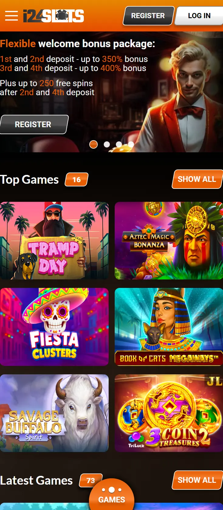 i24slots Casino homepage displayed on mobile phone with the welcome package banner