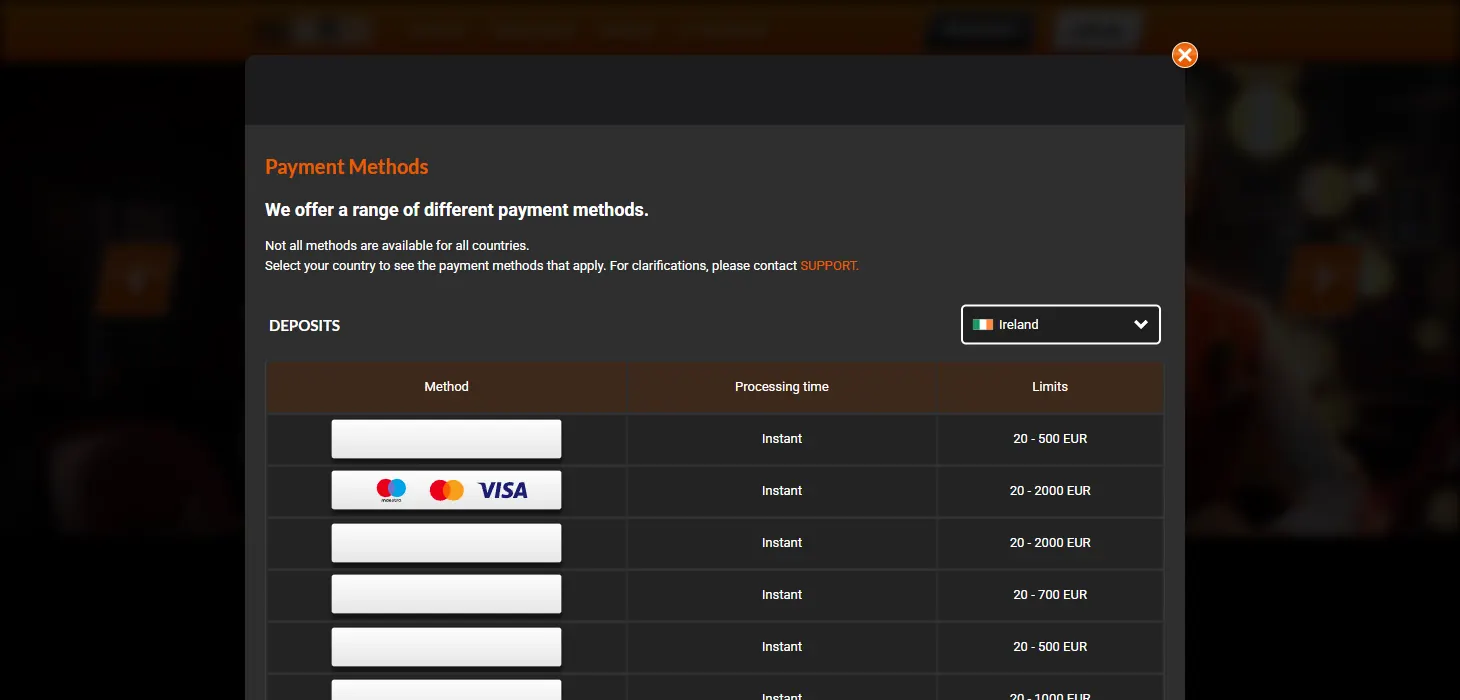 i24slots Casino payment methods page on desktop