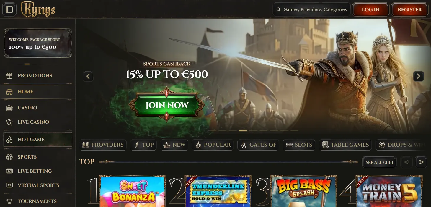 Kyngs Casino homepage on desktop
