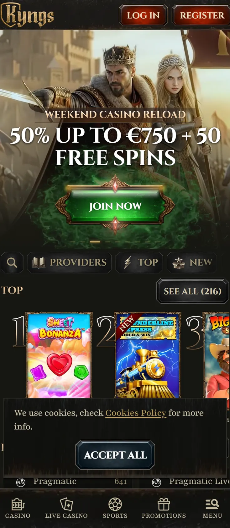 Kyngs Casino homepage displayed on mobile phone with the weekend reload banner