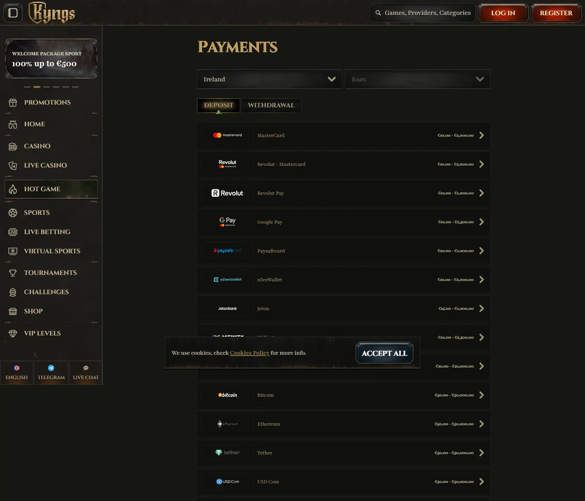 Kyngs Casino payments page for Ireland showing card, e-wallet and cryptocurrency deposit limits in EUR