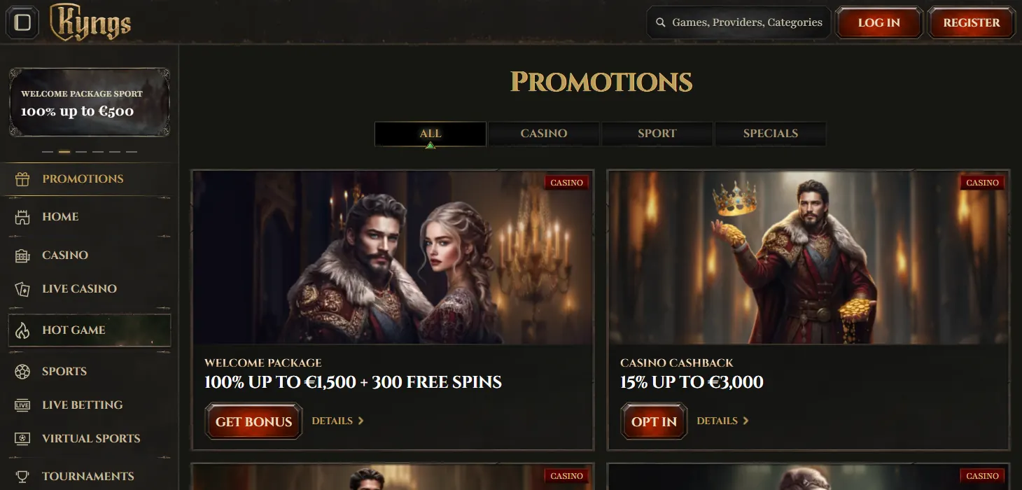 Kyngs Casino promotions page on desktop