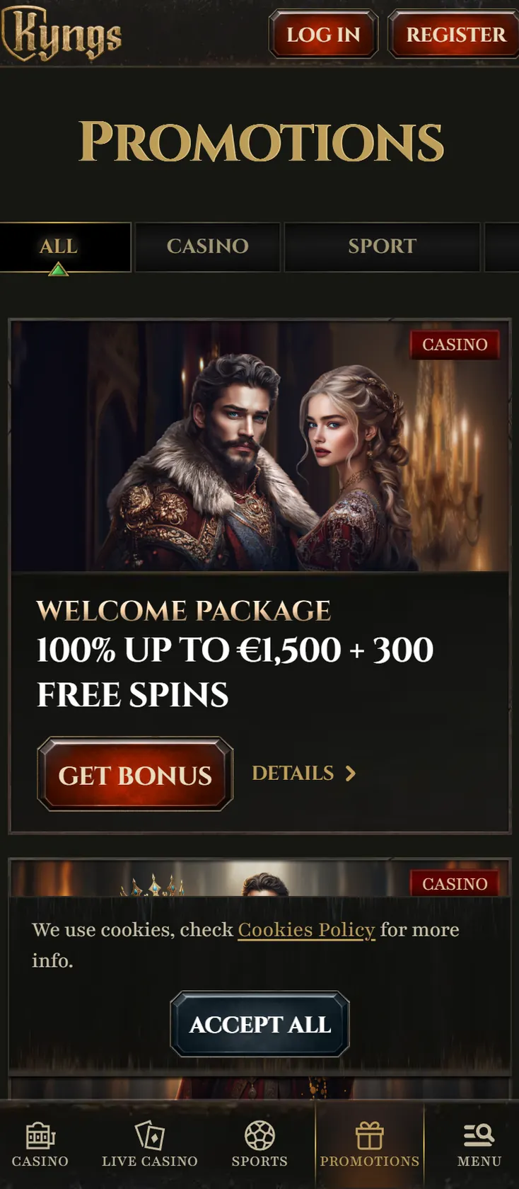Kyngs Casino promotions page on mobile with the welcome package card
