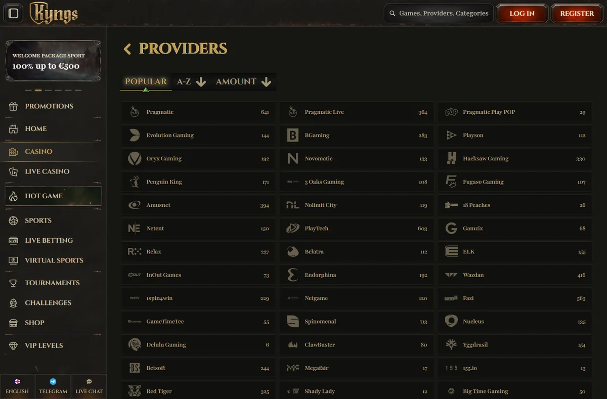 Kyngs Casino providers page listing game studios with the number of games from each