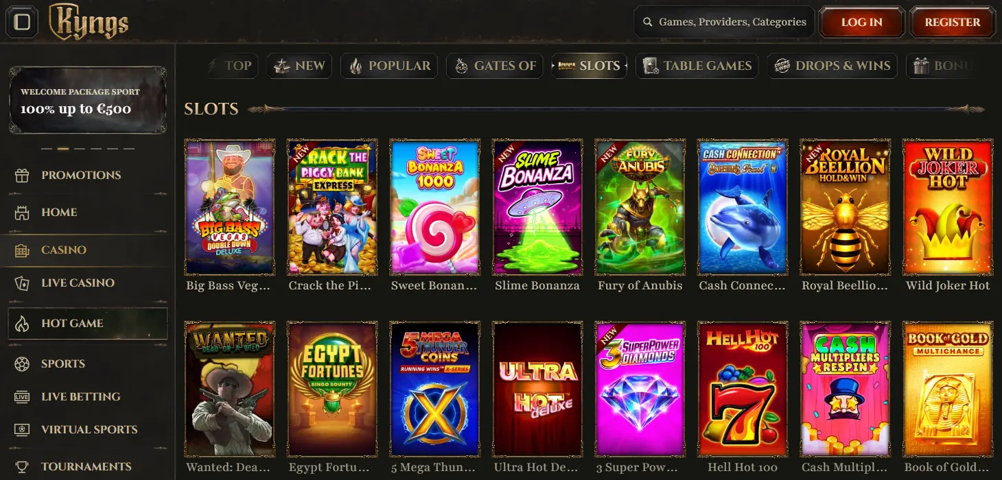 Kyngs Casino slots lobby on desktop
