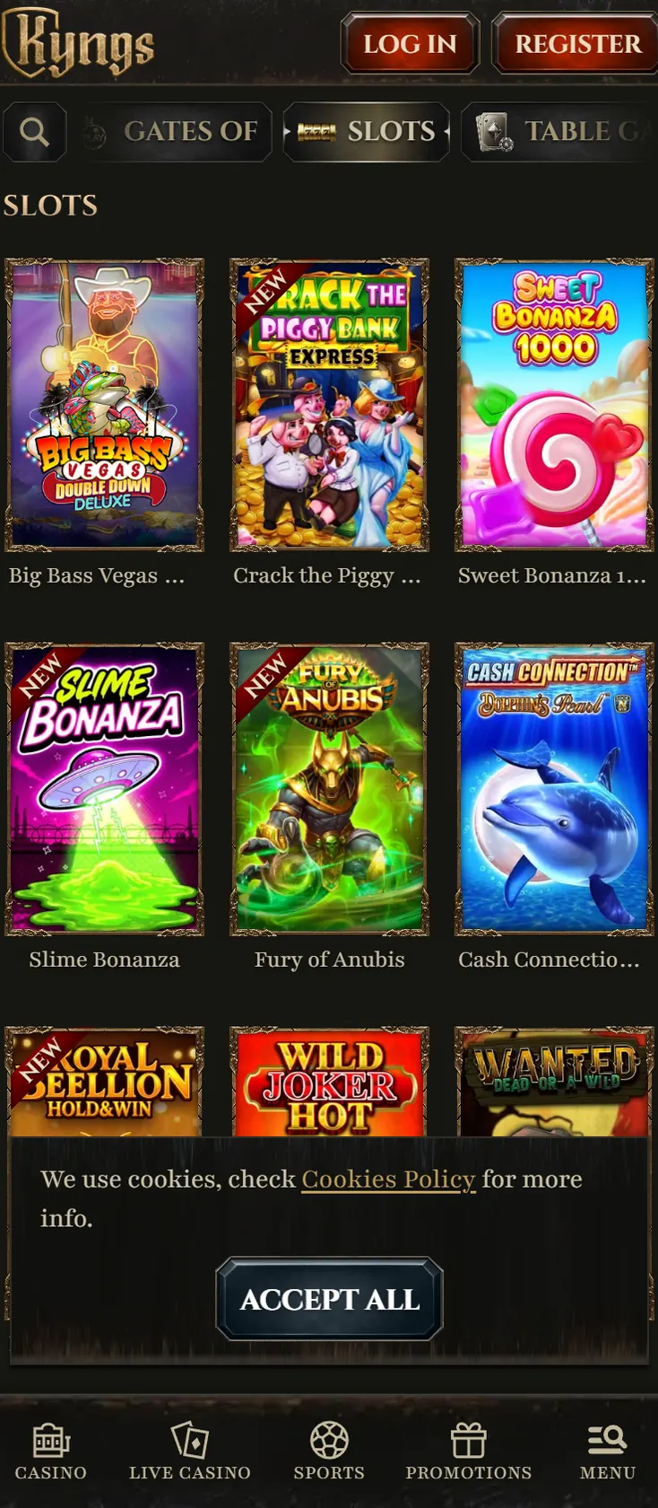 Kyngs Casino slots lobby on mobile showing Big Bass, Sweet Bonanza and Cash Connection tiles