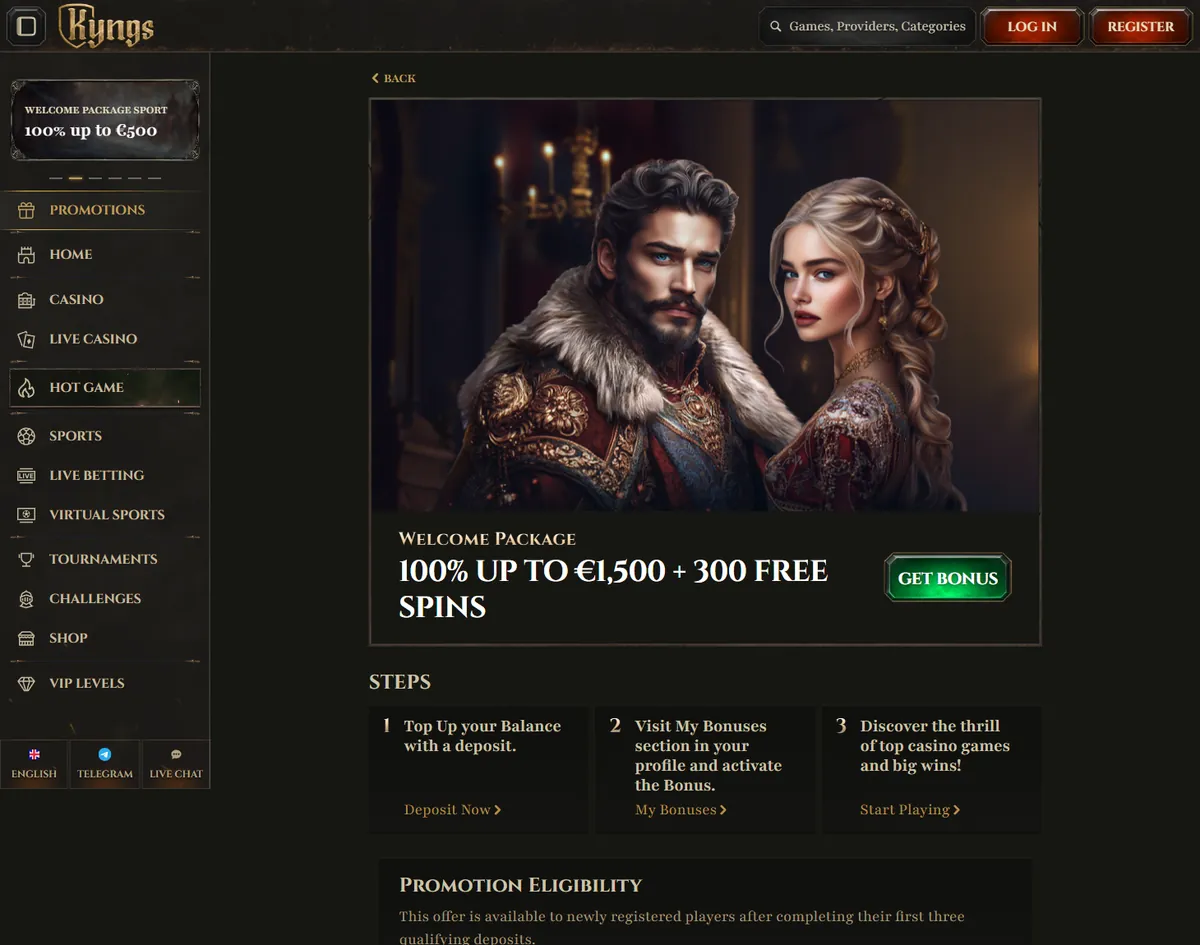 Kyngs Casino welcome package page with the 100% up to 1,500 EUR plus 300 free spins offer and the three steps to claim it