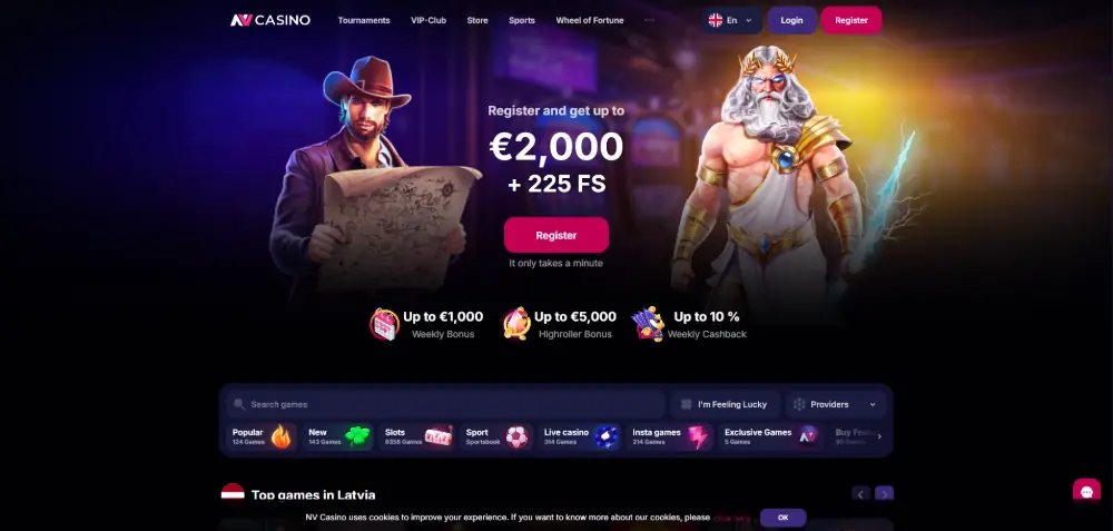 NV Casino homepage from desktop - showing crypto and fiat deposit options alongside the welcome bonus offer