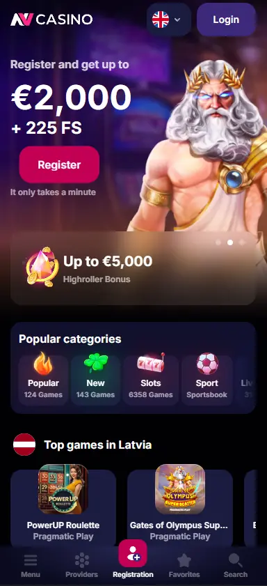 NV Casino homepage displayed on mobile phone