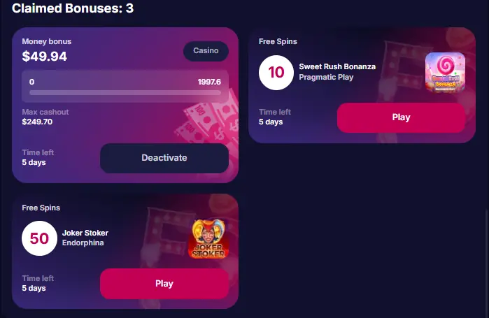 NV Casino bonus section in player profile showing wagering progress tracker