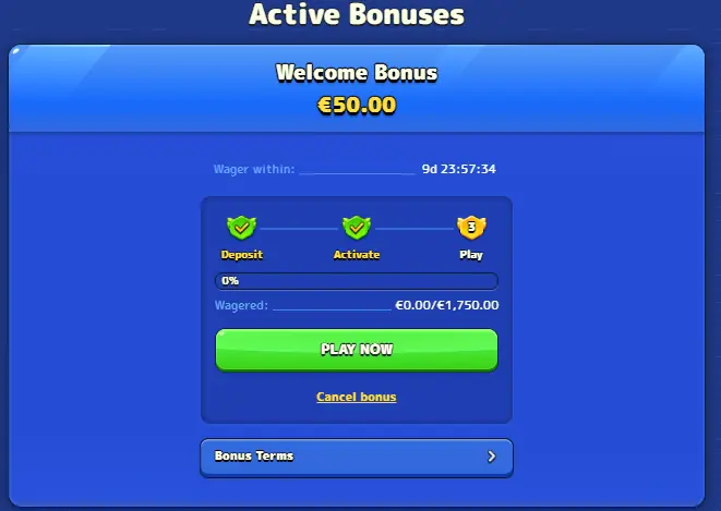 Pistolo Casino active bonus shown on player profile page with wagering progress