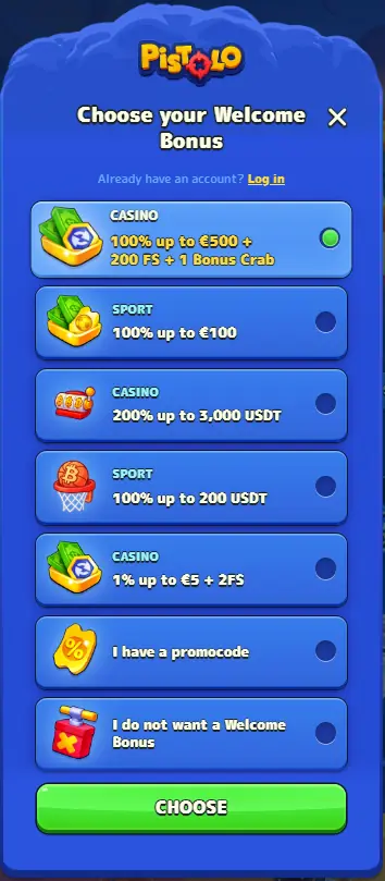 Pistolo Casino bonus selection window that appears before registration