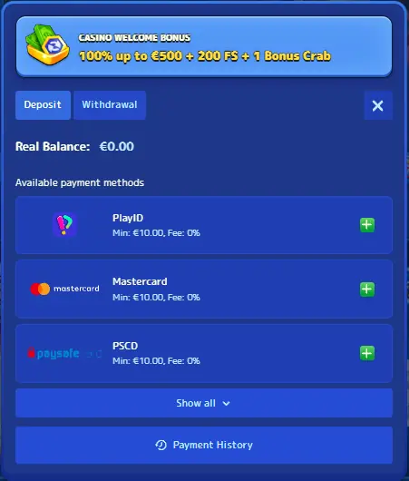 Pistolo Casino deposit pop-up window after registration showing welcome bonus and payment options