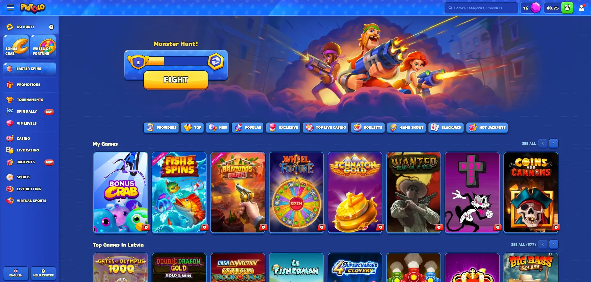 Pistolo Casino homepage on desktop