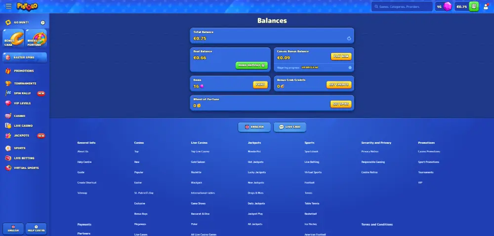 Pistolo Casino player profile page on desktop