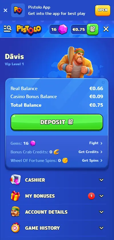 Pistolo Casino player profile page on mobile