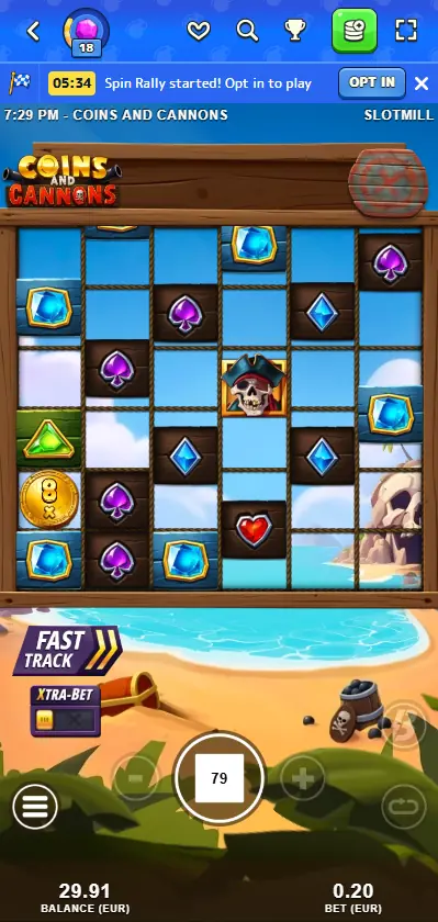 Coins and Cannons slot by SlotMill at Pistolo Casino showing session results