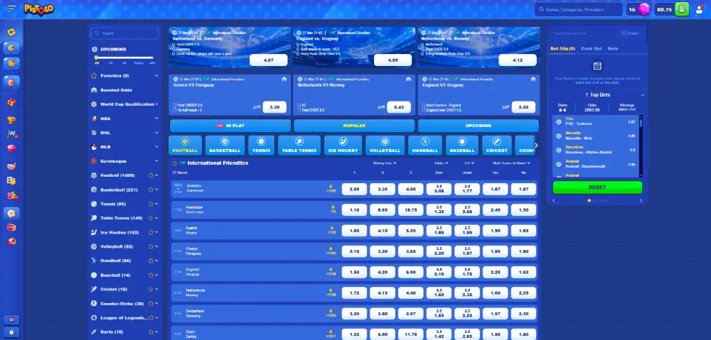 Pistolo Casino sports betting page on desktop