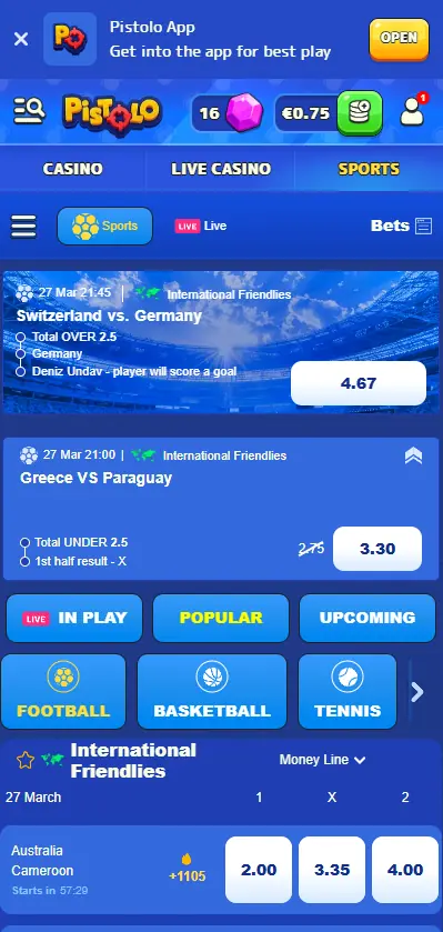 Pistolo Casino sports betting page on mobile