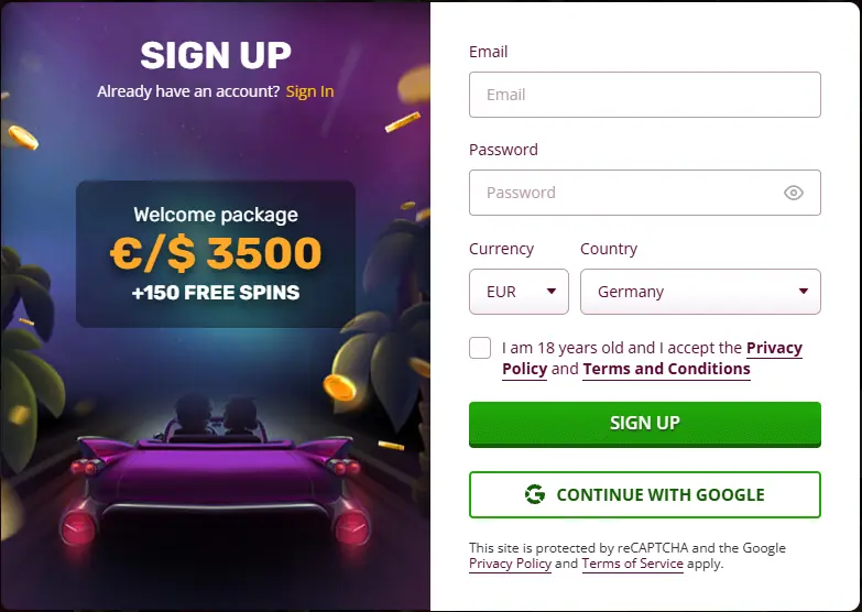PlayAmo Casino registration window