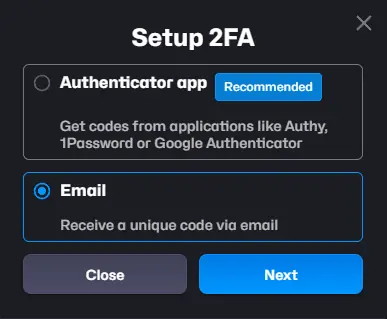 Razed Casino 2FA setup page with email and authenticator options