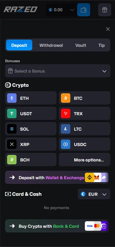 Razed Casino deposit page showing cryptocurrency options and network selection